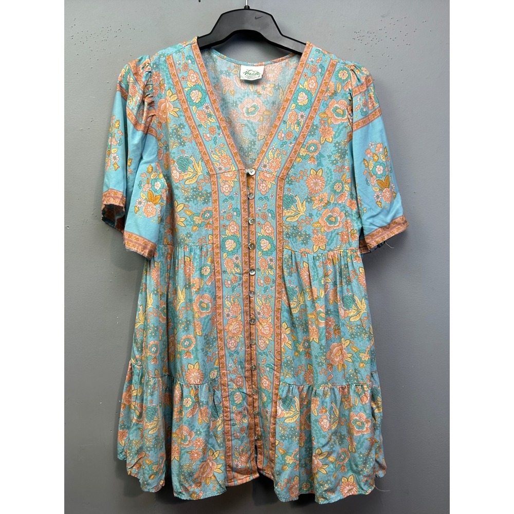 Newin Dress Womens Medium Blue Floral Babydoll Boho Mini Button Front Boho